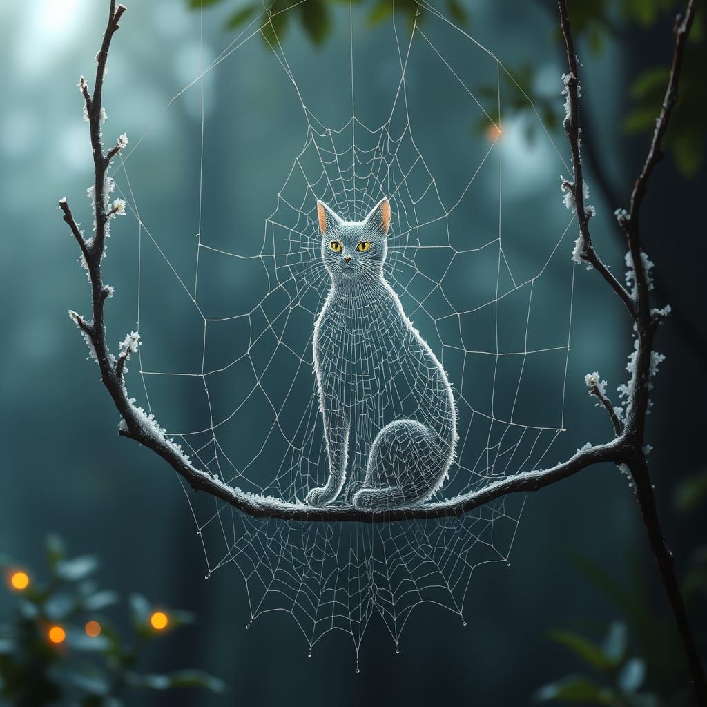 Ethereal Spiderweb Cat in Misty Forest