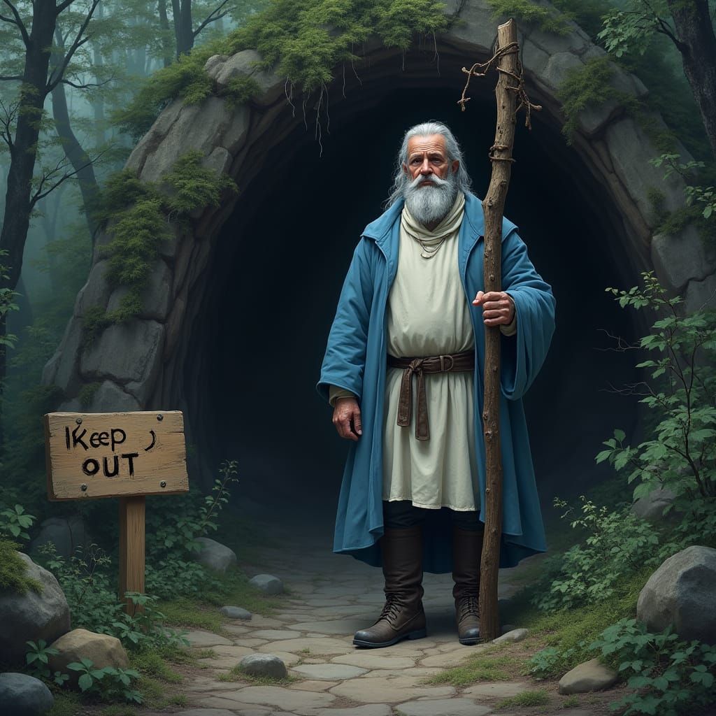 Hyperrealistic Old Man with Staff in Forest Cave