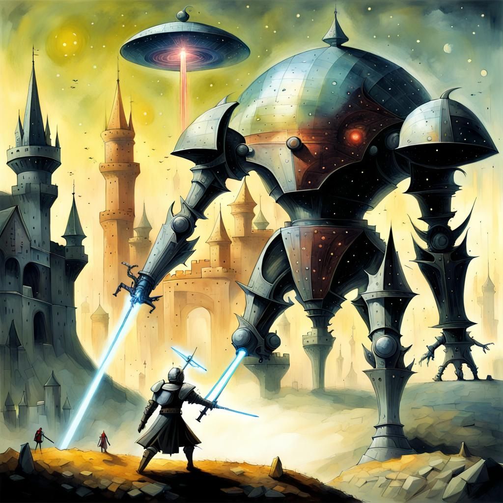 Knight with Laser Sword vs Alien in Surreal Battle