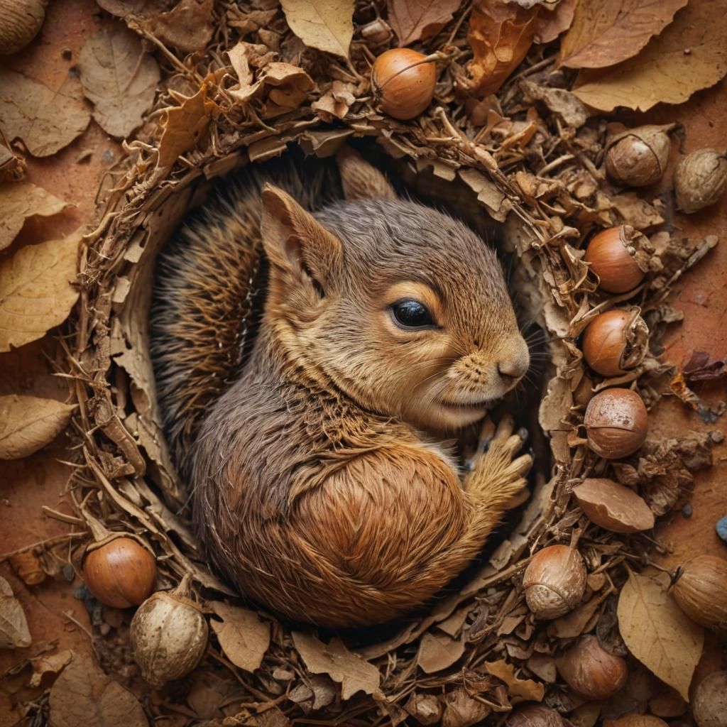 Baby Squirrel Sleeping in Acorn, Hyperrealistic Fantasy