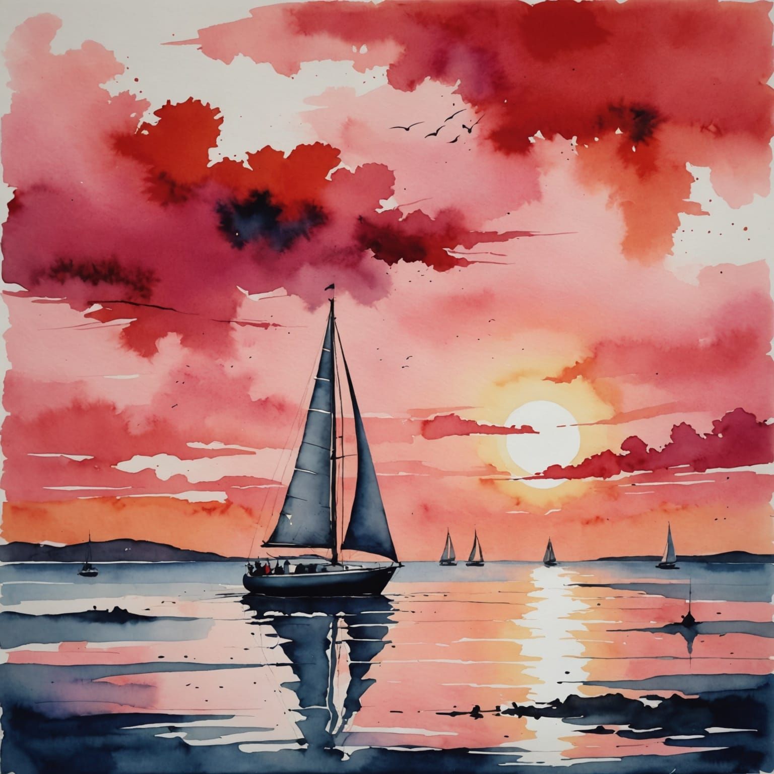 Romantic Red Sunset at Sea in Modern Watercolor Style