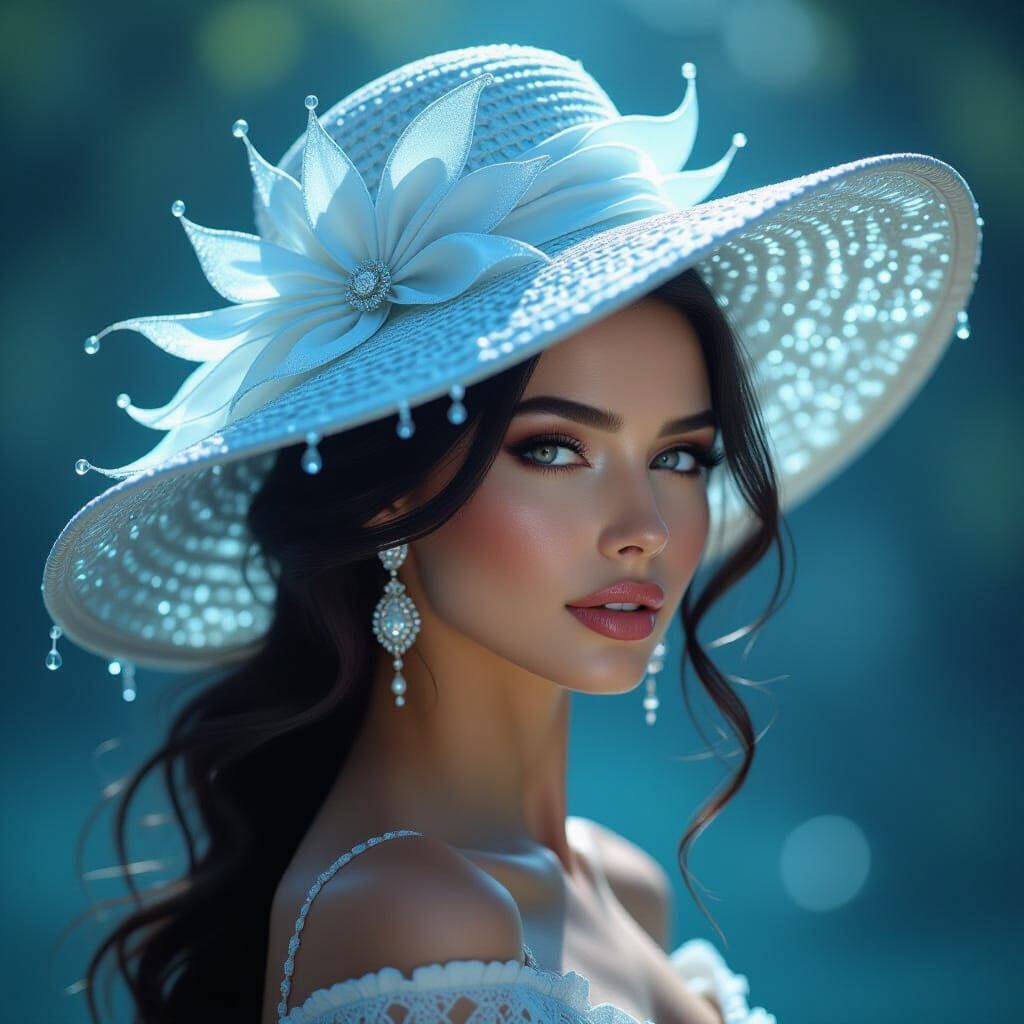 Elegant Woman With Shimmering Water Hat