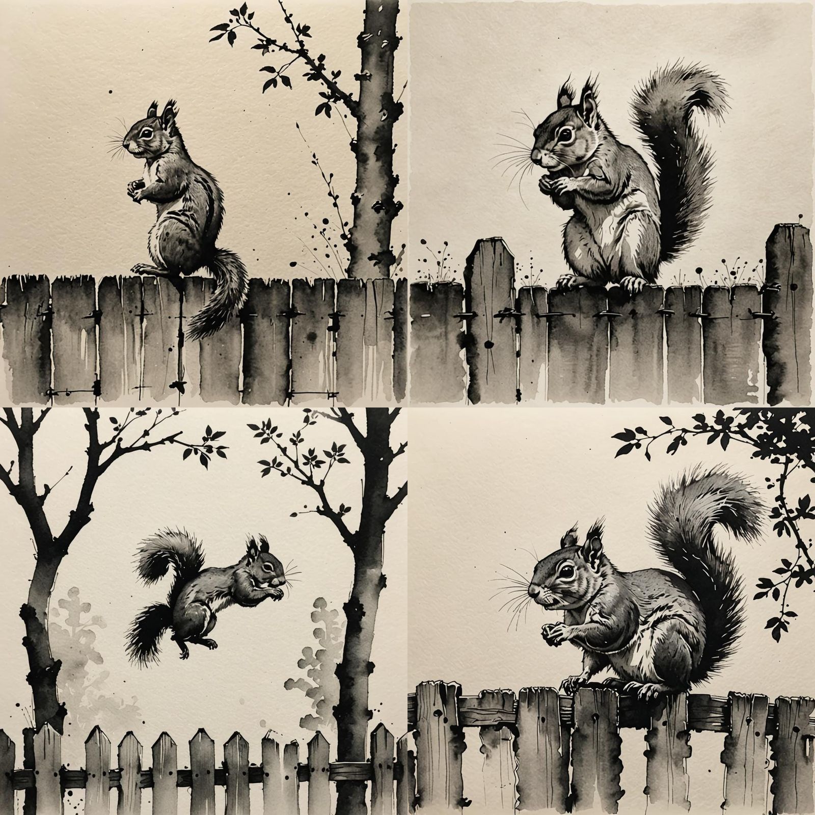 Minimalist Squirrel Climbing Down a Fence: Ink Drawing
