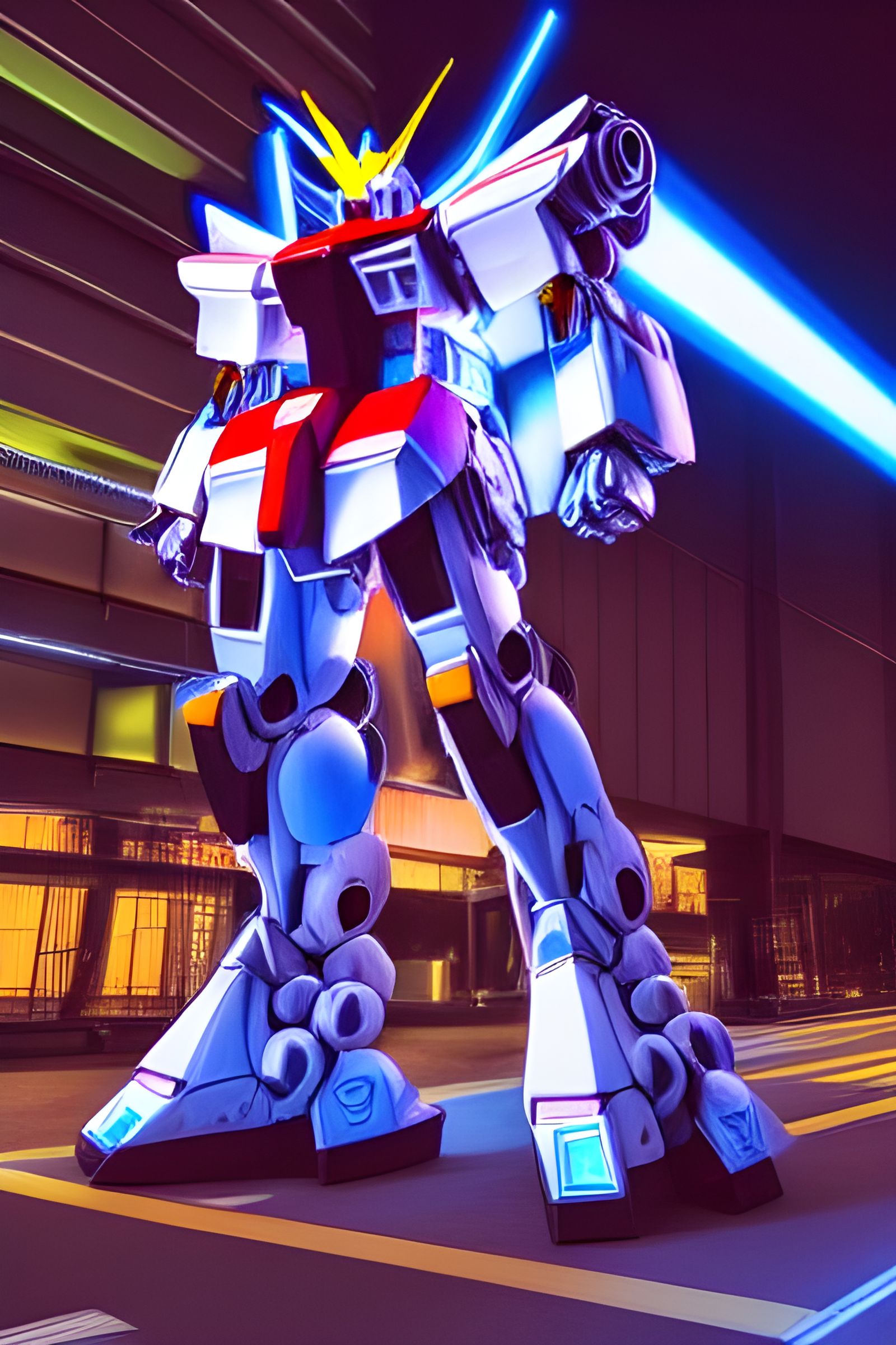 Hyper-Realistic Gundam Mech in Neon Tokyo Street