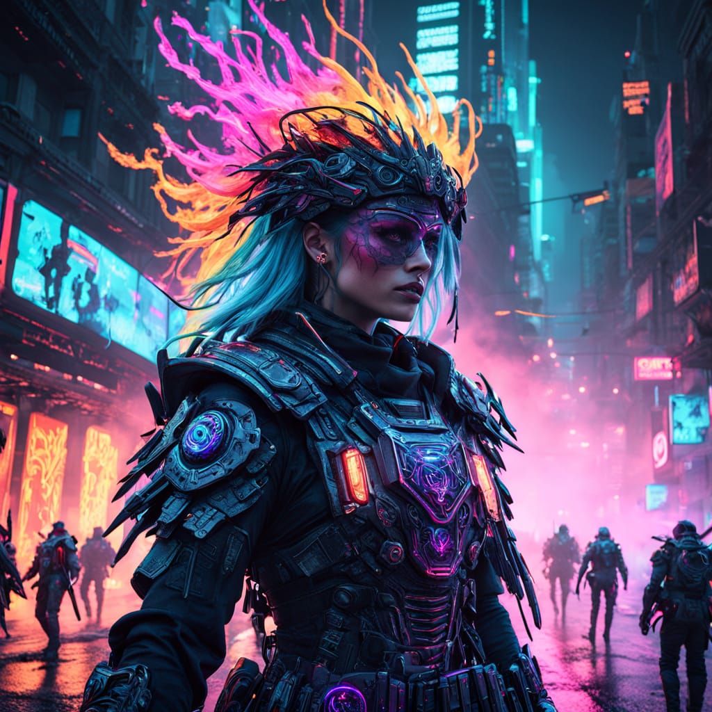 Cyberpunk Warrior Marches into Apocalypse in Neon-Lit Armor