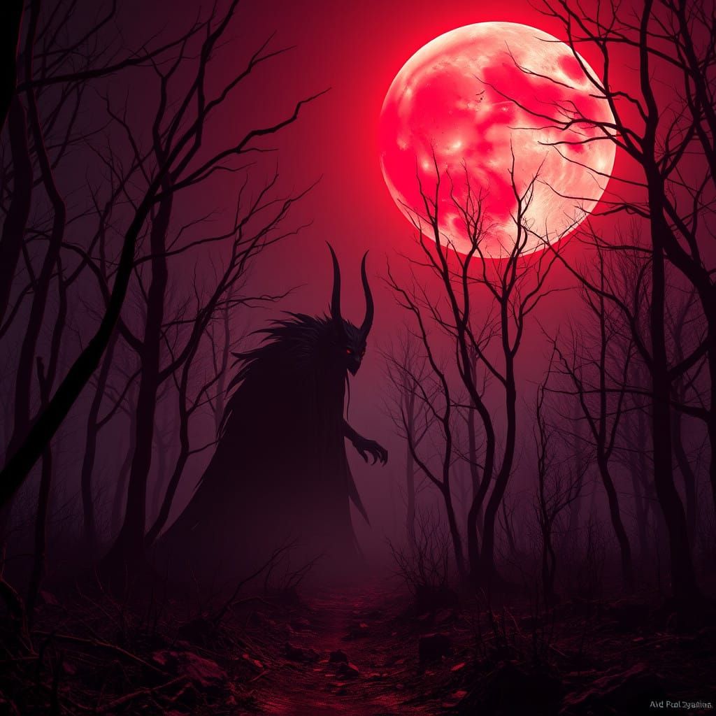 Gothic She-Beast Emerges Under Crimson Moonlight