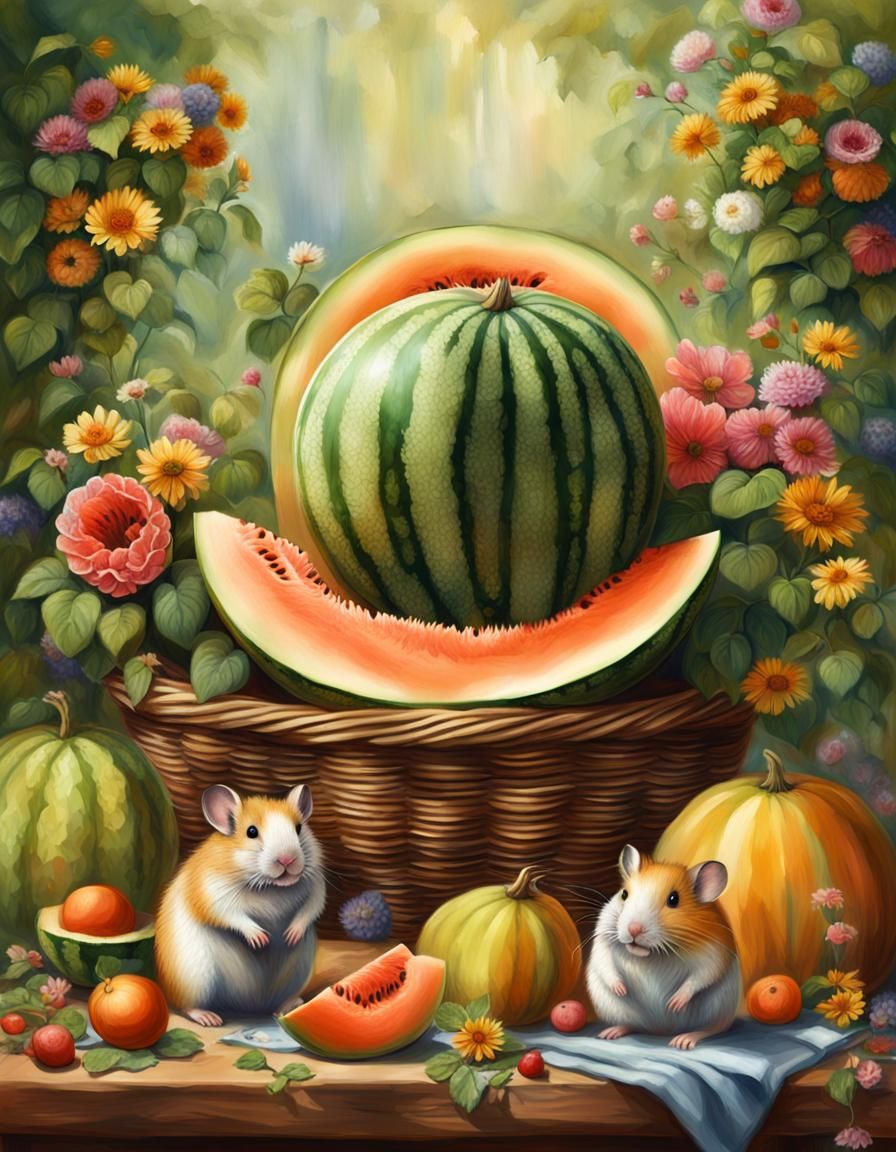 Hamsters and Melon: A Detailed Still Life Painting