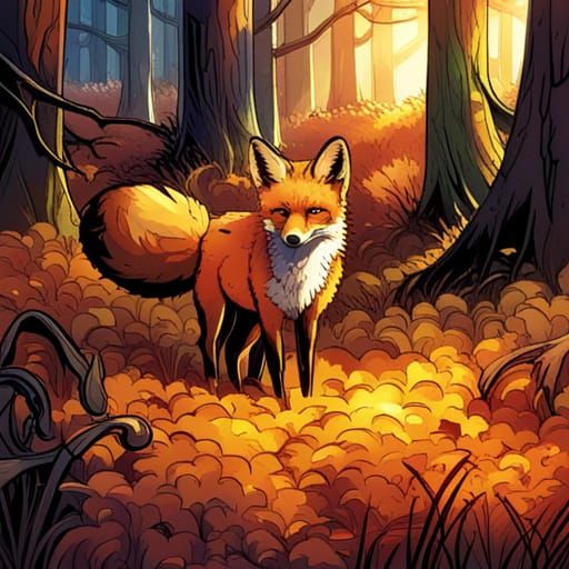 Red Fox in Autumn Meadow: Comic Book Art
