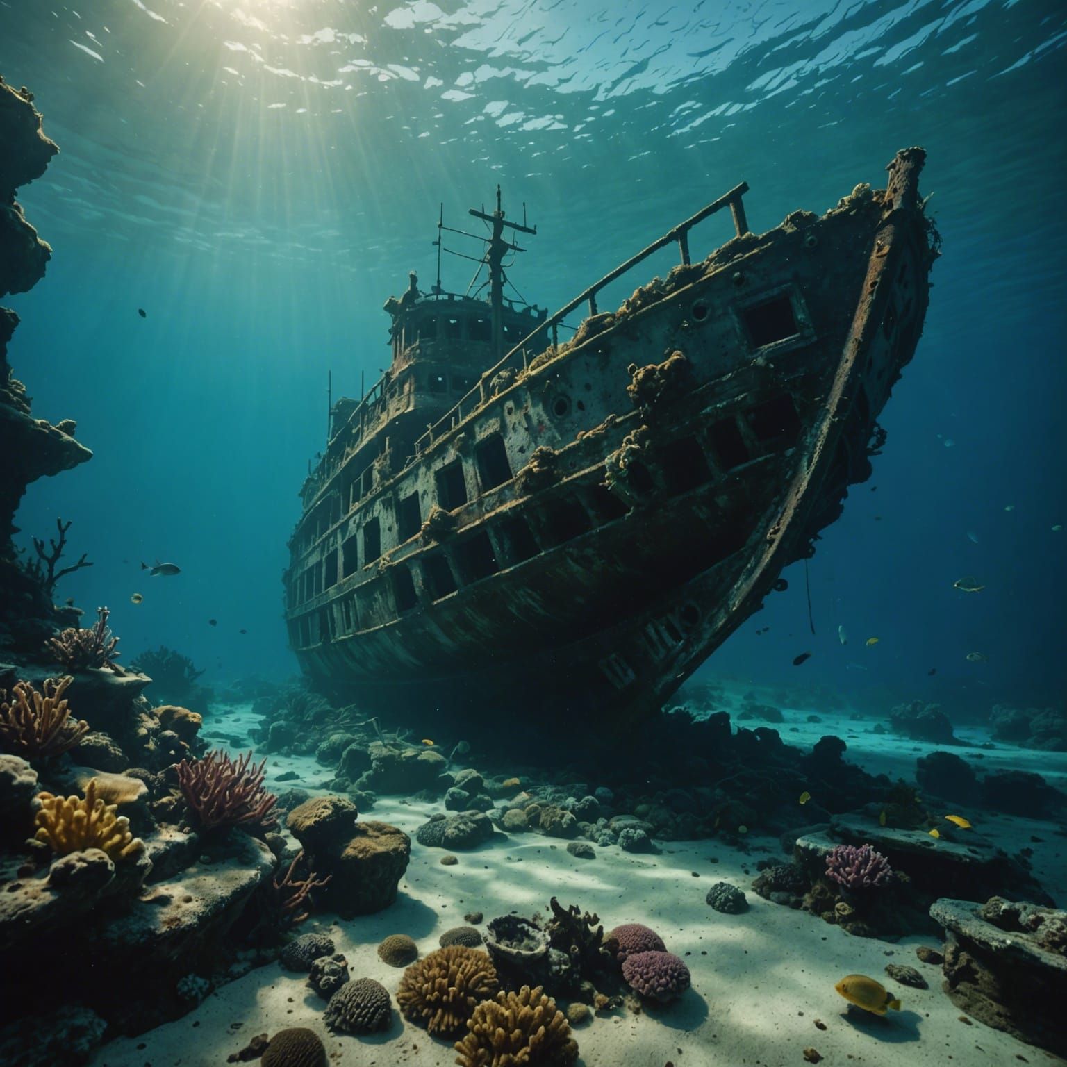 Cinematic Underwater Shipwreck Scene with Mermaids