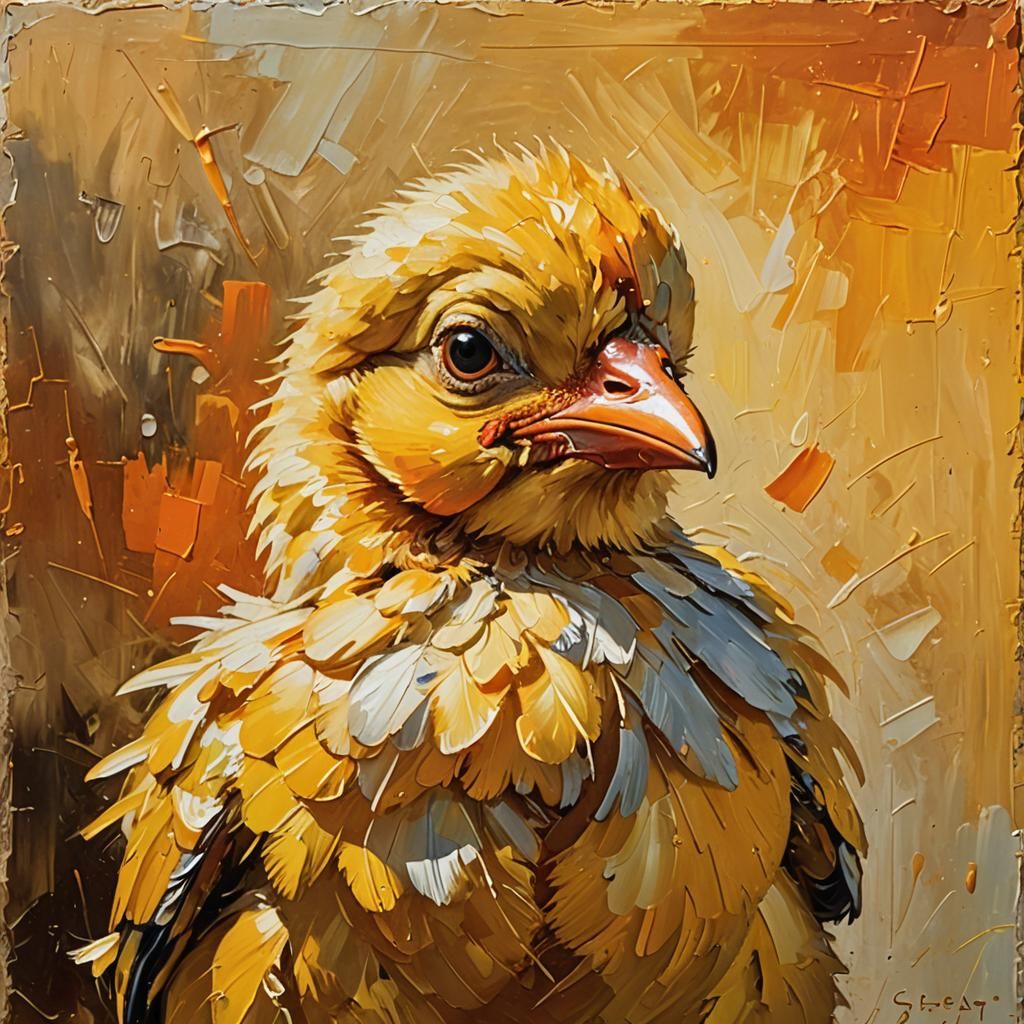 Yellow Chick with Paintbrush in Impressionist Oil Painting