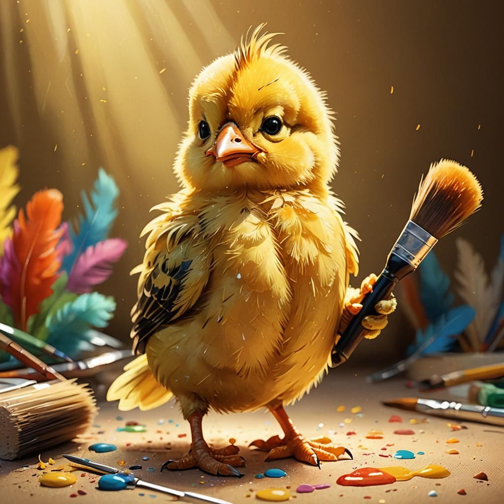 Adorable Yellow Chick with Paintbrush in Children's Book Art