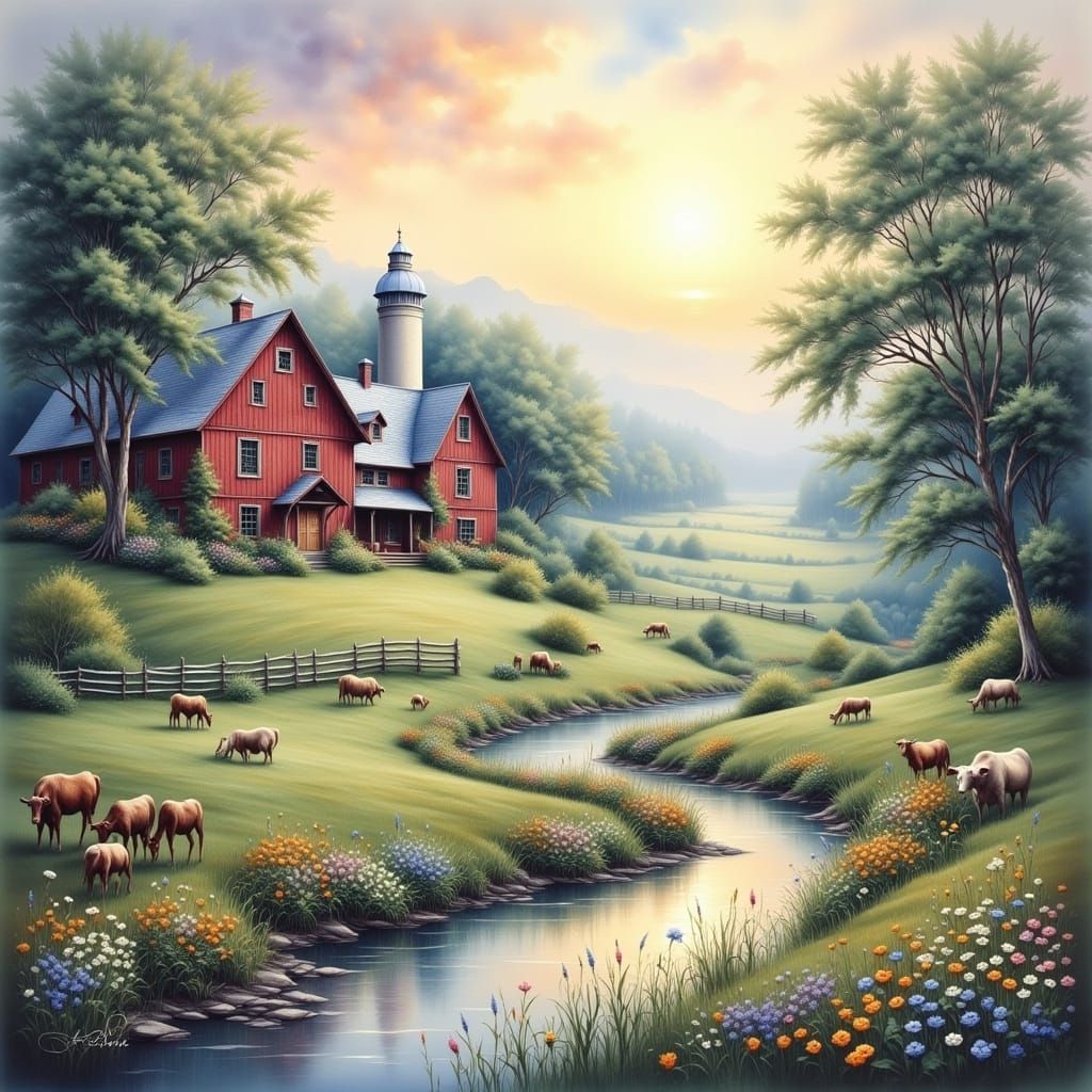 Rustic Country Mansion in a Foggy Watercolor Landscape