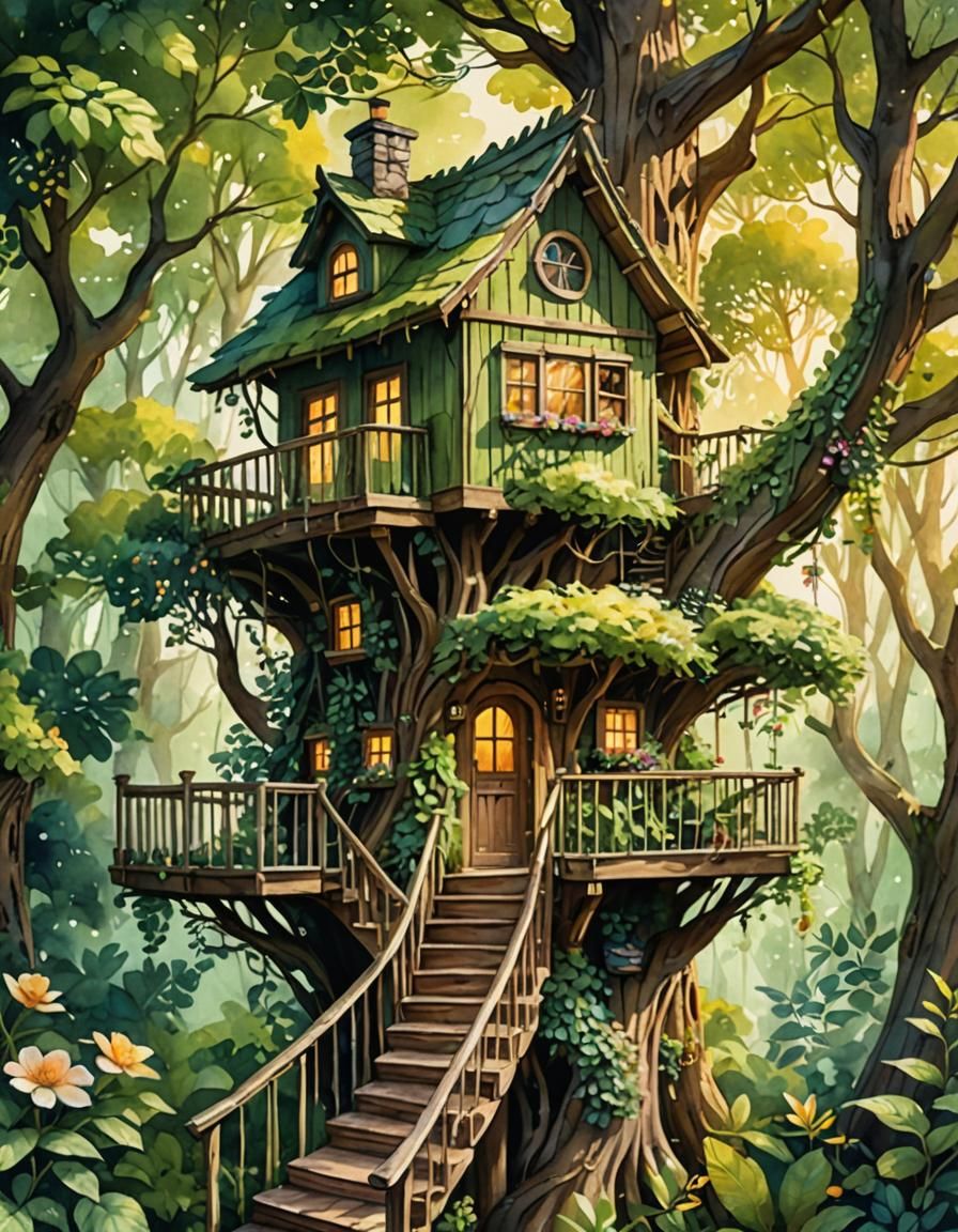 Enchanting Forest Treehouse in Watercolor Style