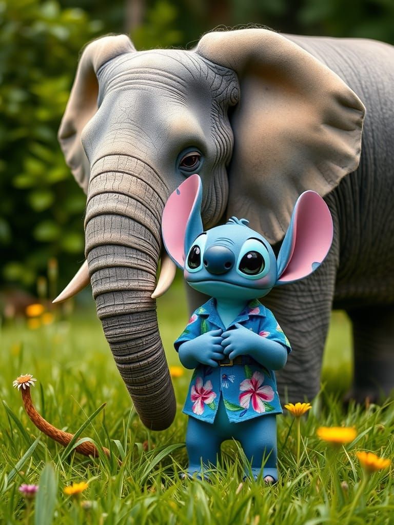 Stitch and Elephant in Whimsical Meadow