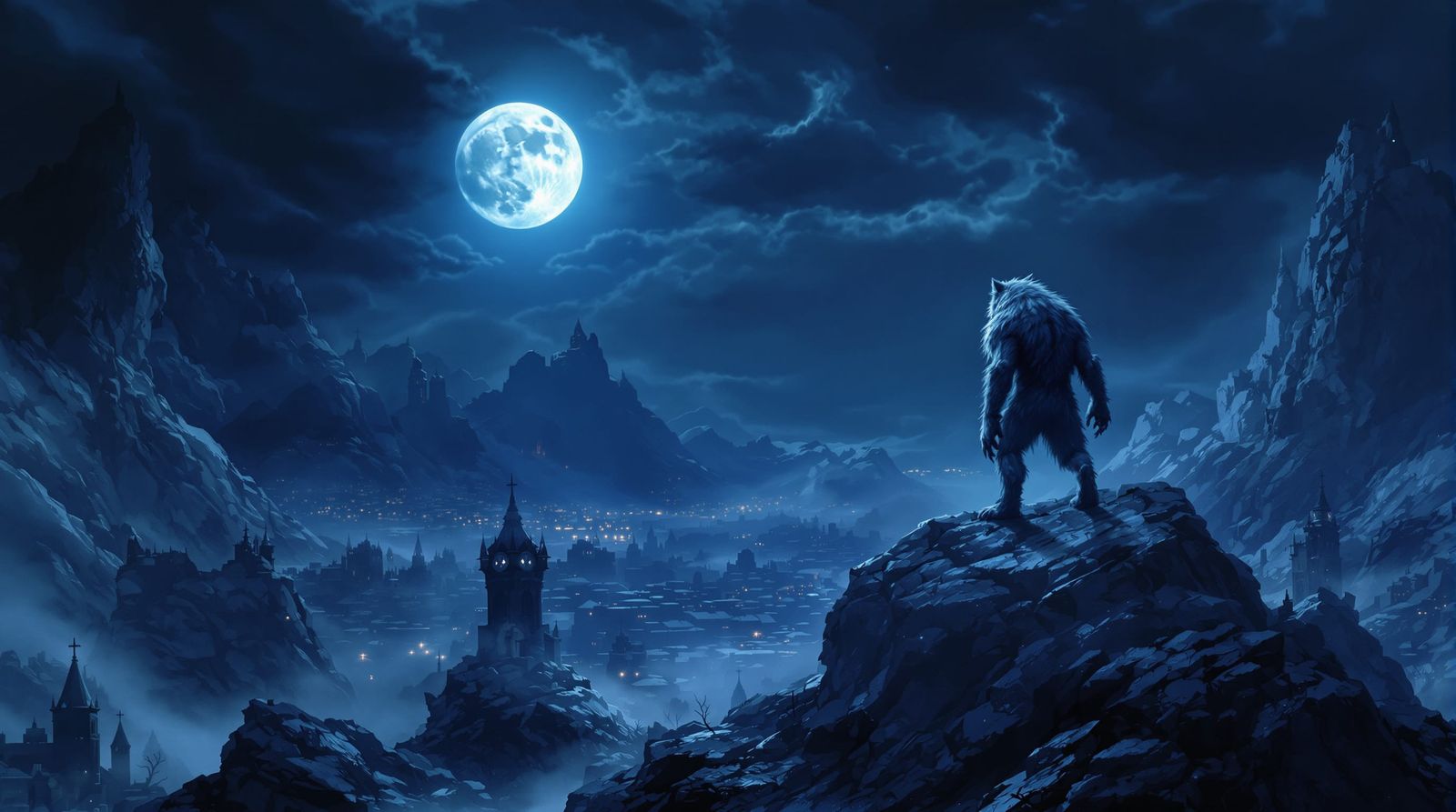 Werewolf Under Full Moon Over Gothic City