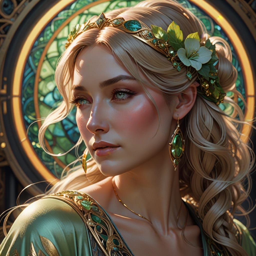 Dreamy Portrait of a Shy Blonde Woman with Neon Green Eyes