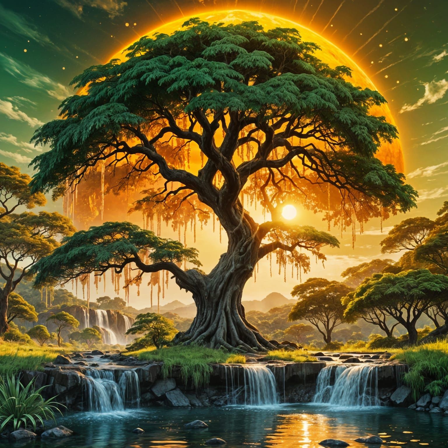 Majestic Acacia Tree With Waterfall and Orange Sun