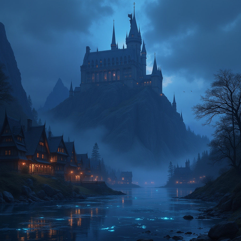 Dark Fantasy Castle with Bioluminescent Lake