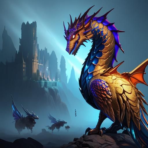 Silver Chrome Dragon on Gold Cache: Fantasy Art