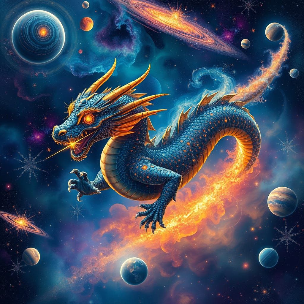 Celestial Dragon Swims Through Cosmos in Cosmic Art Style