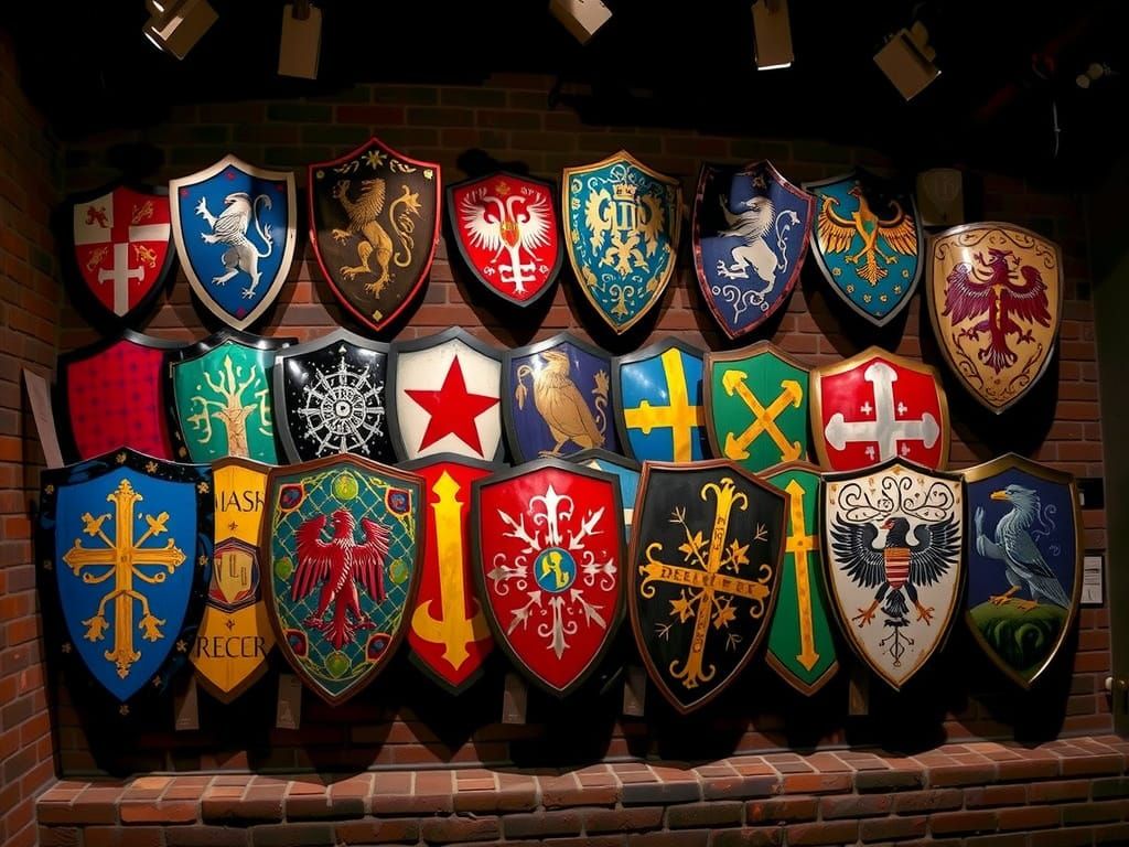 Medieval Shields in a Dimly Lit Gallery