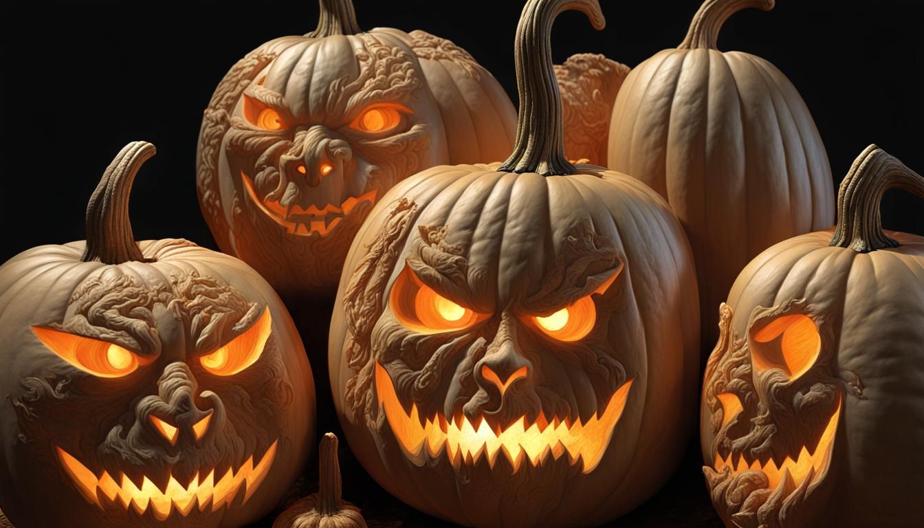 Detailed Pumpkin Carvings in Gothic Horror Style