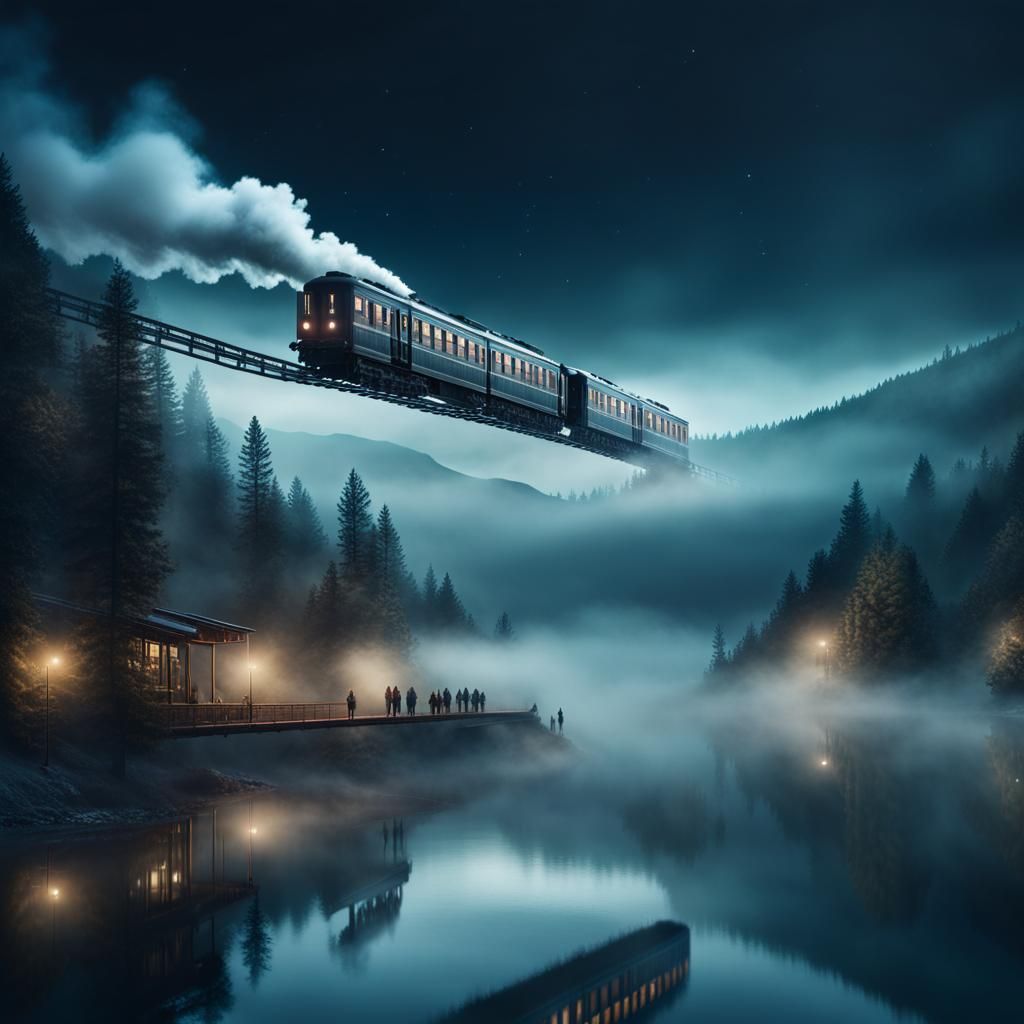 Flying Train Over Foggy Lake: Digital Matte Painting