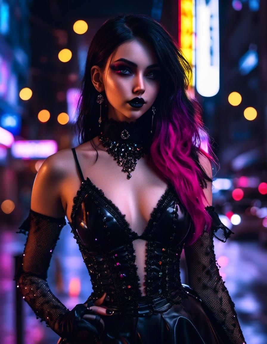 Goth Woman Portrait in City Street at Night