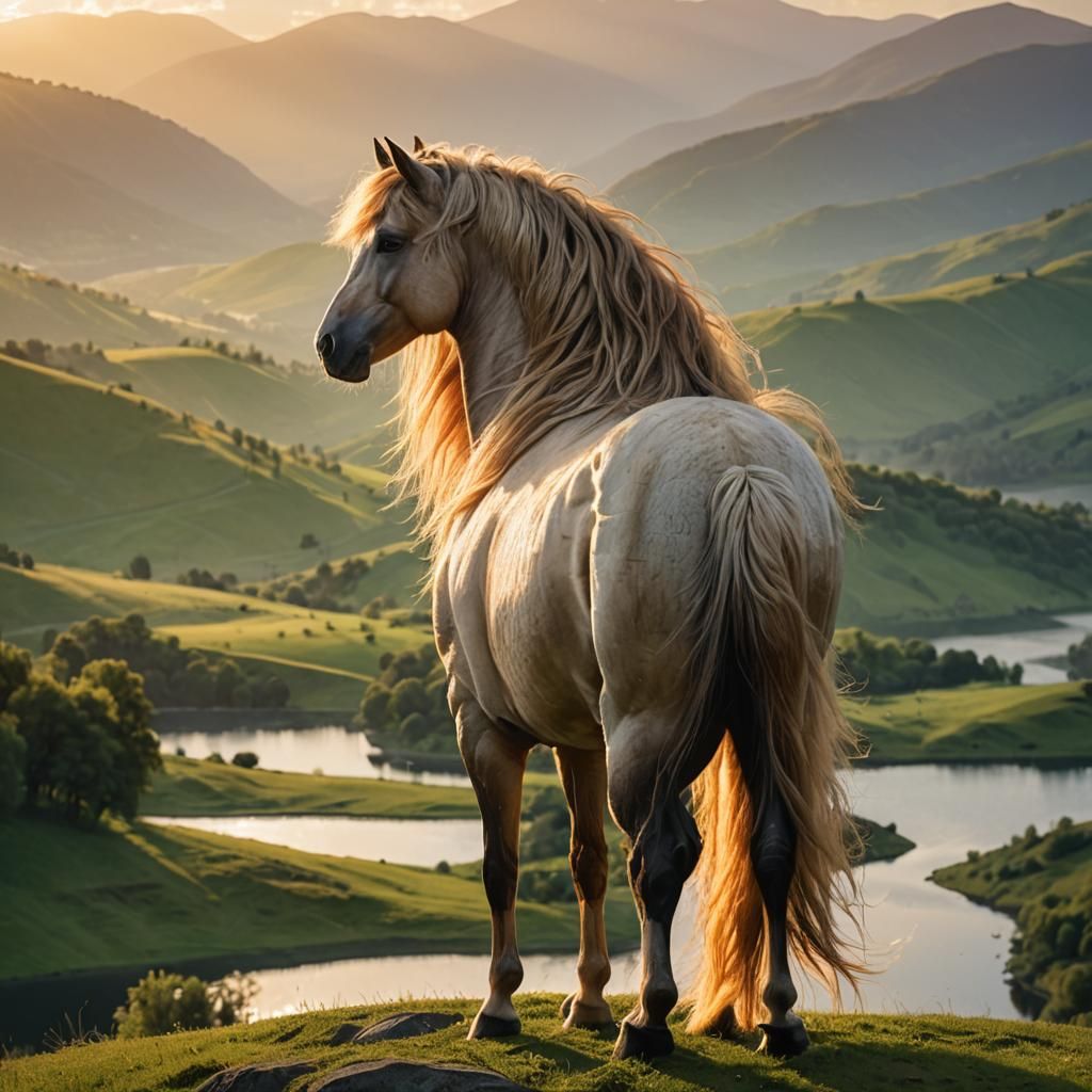 A majestic horse standing proudly on a hilltop, overlooking a lush green valley with a serene lake in the distance. The ...