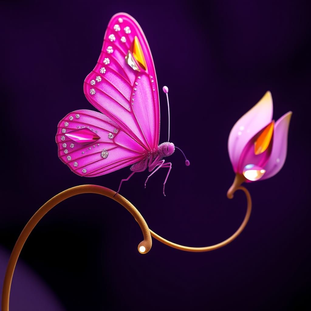 A 3D render of a bright pink butterfly adorned with diamonds...