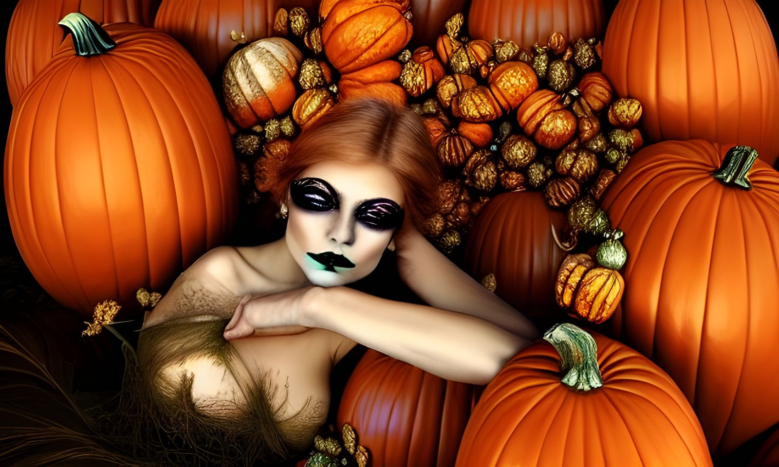 Gorgeous Fairy in a Pumpkin Pile, Detailed Painting