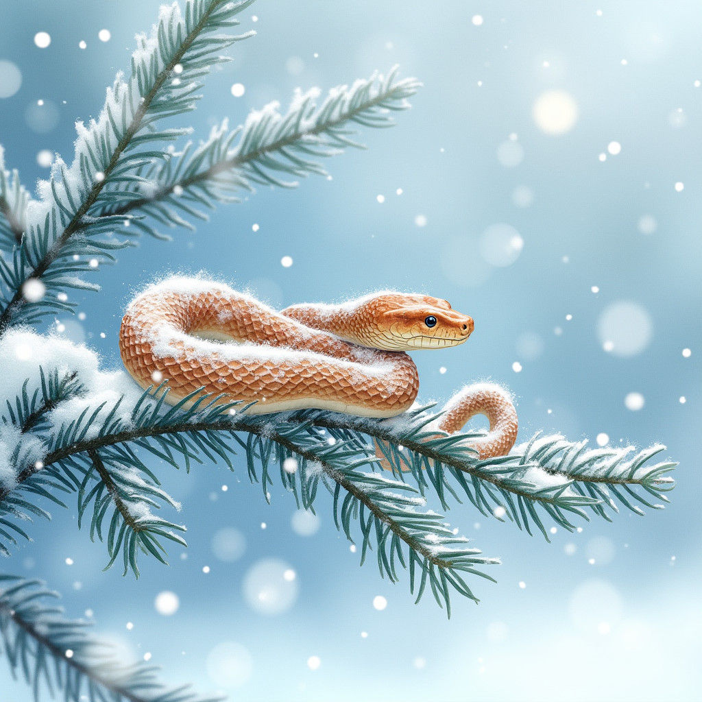 Snowy Snake on Fir Branch in Watercolor Style