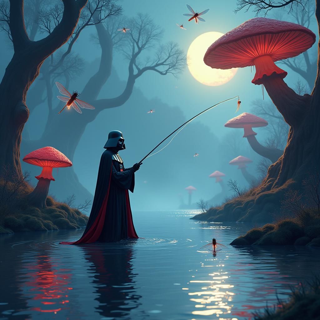 Darth Vader Fly Fishing in Cartoon Fantasy Style