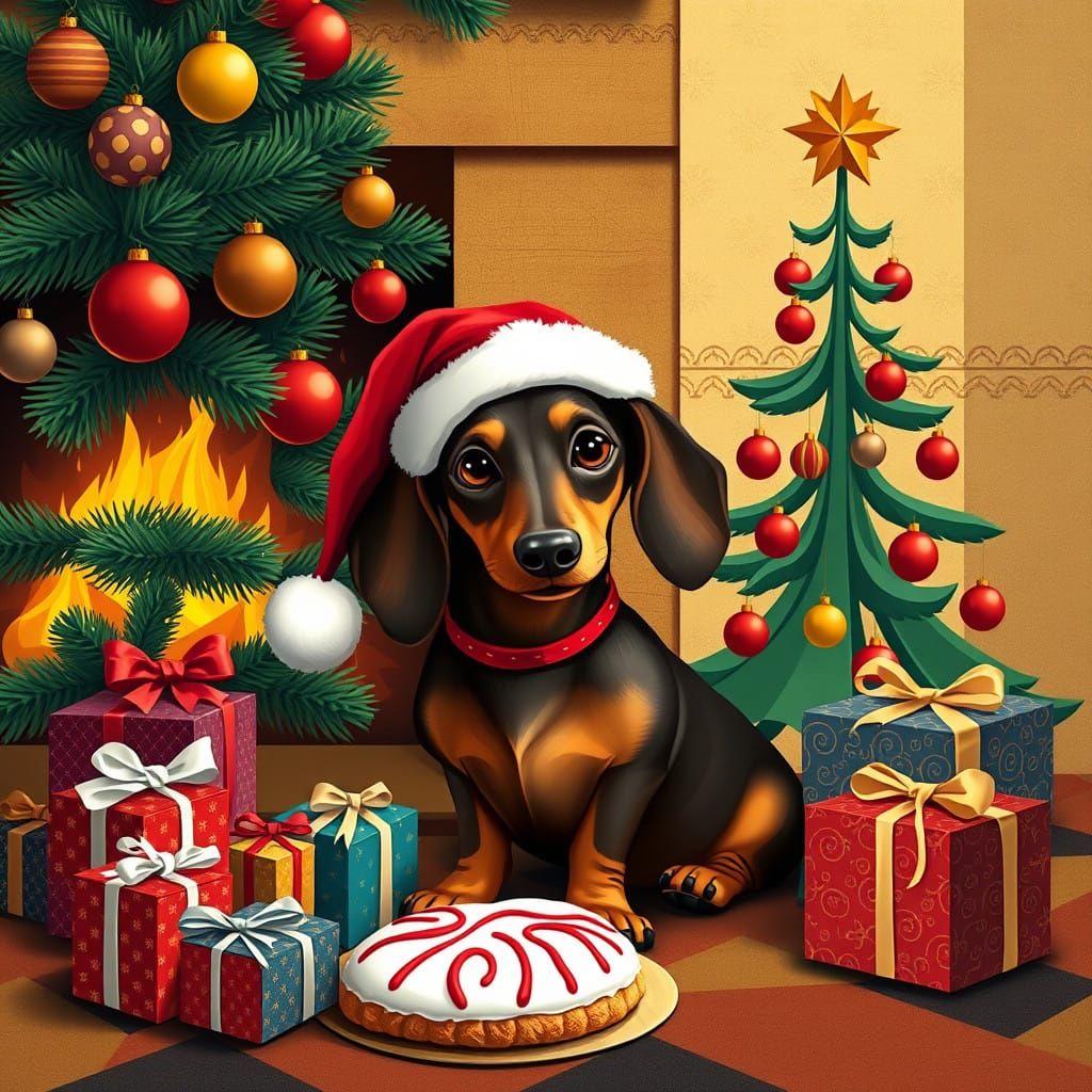 Whimsical Dachshund Enjoys Festive Christmas Scene with Geom...
