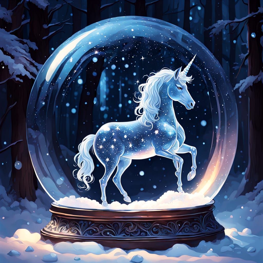 Magical Unicorn in Snow Globe Fantasy Art