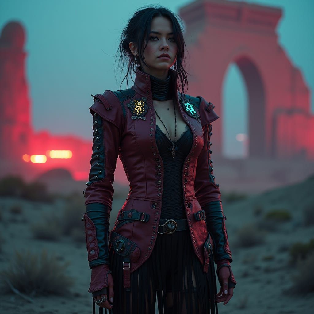 Ethereal Female Warrior in Cyberpunk Boho Jacket