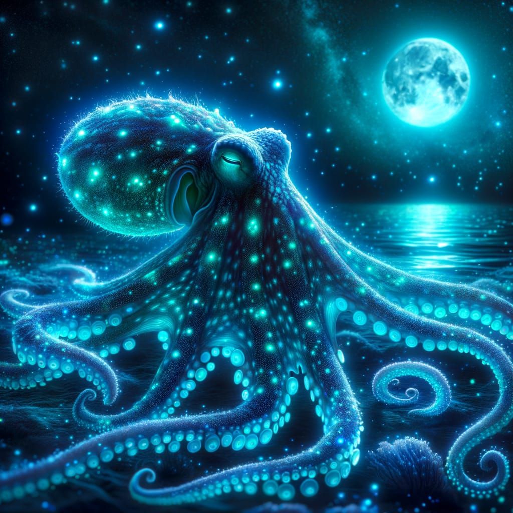 Bioluminescent Octopus in Moonlit Ocean Fantasy