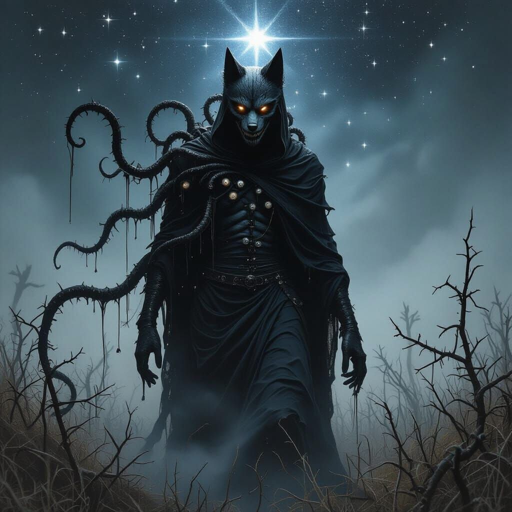Eldritch Wolf-Headed Figure Descending From Starry Sky