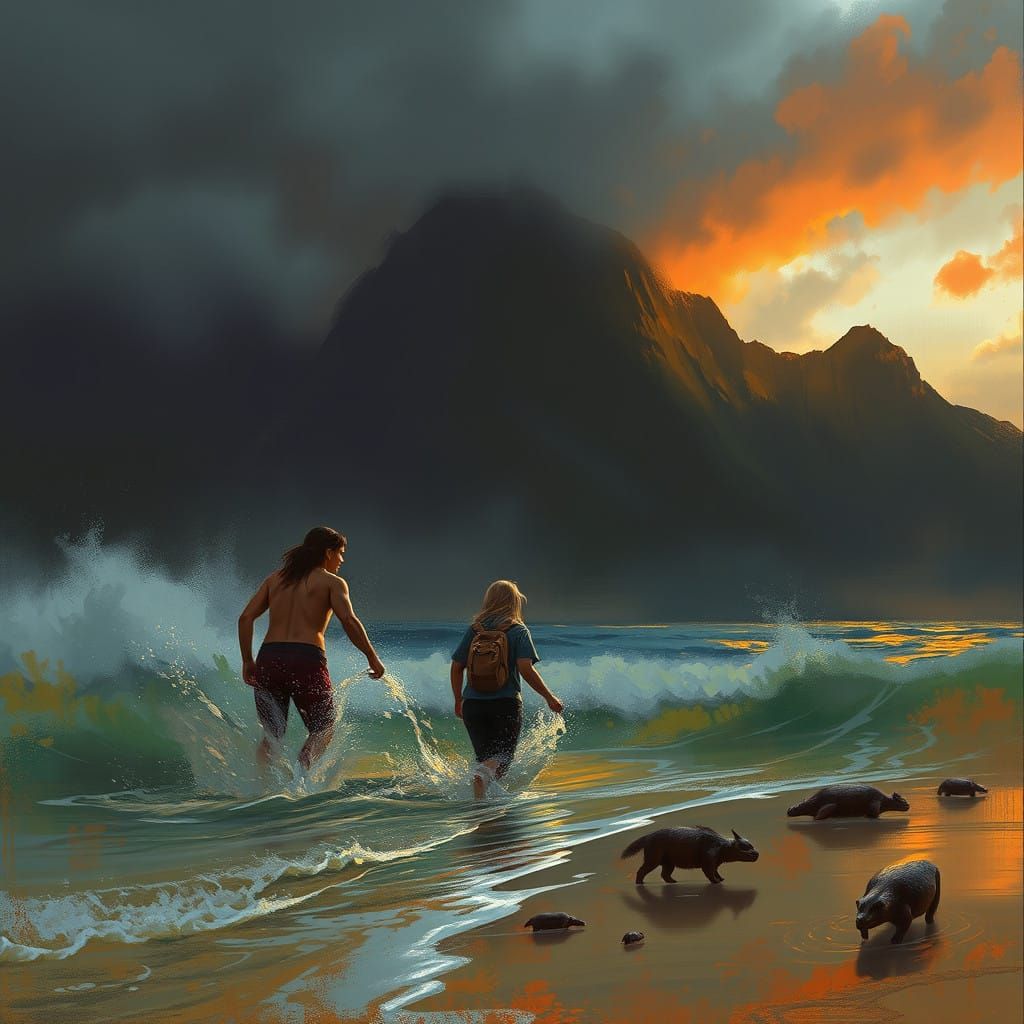 Family's Tropical Escape in Sinister Cyberpunk Style