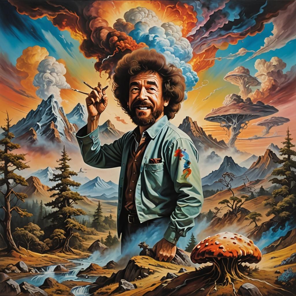 Bob Ross in a Wasteland: Surreal Oil Painting