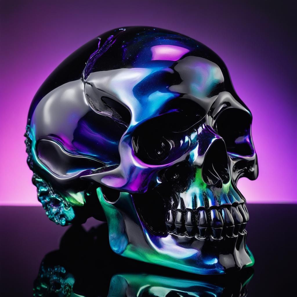 Obsidian Skull Sculpture with Iridescent Neon Highlights