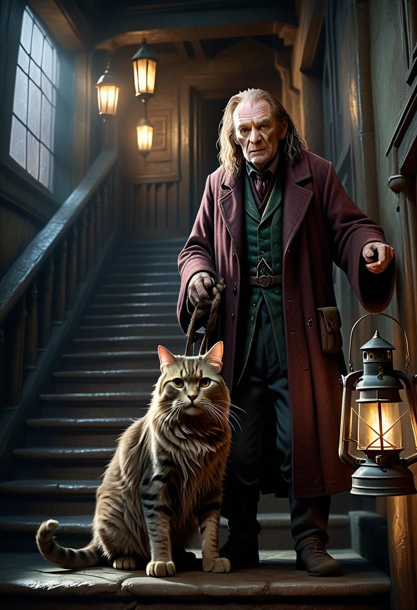 Argus Filch and Feline Companion in Whimsical Stairwell Scen...