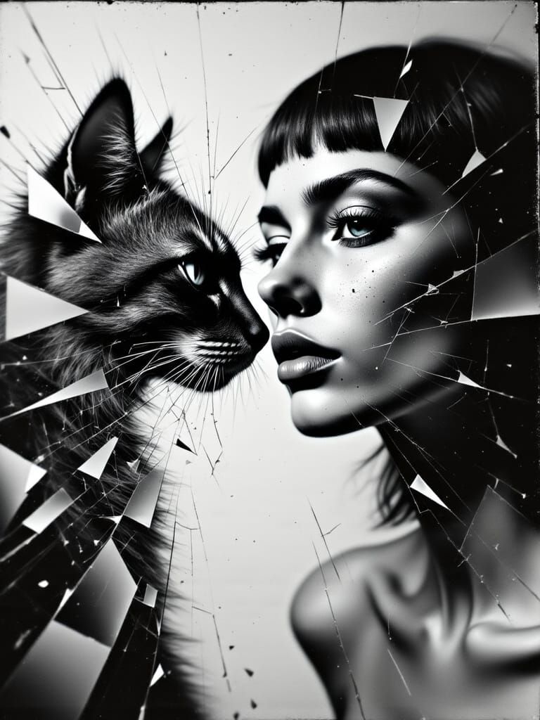 Ethereal Woman Meets Shattered Cat in Double Exposure Master...
