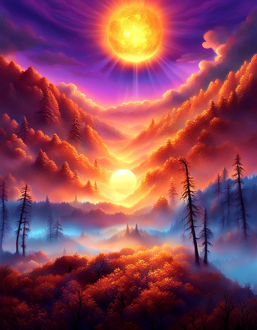 Glowing Sunrise Over Misty Mountains, Digital Matte Painting