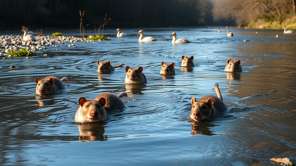 Water Rats Swimming in River Scenes