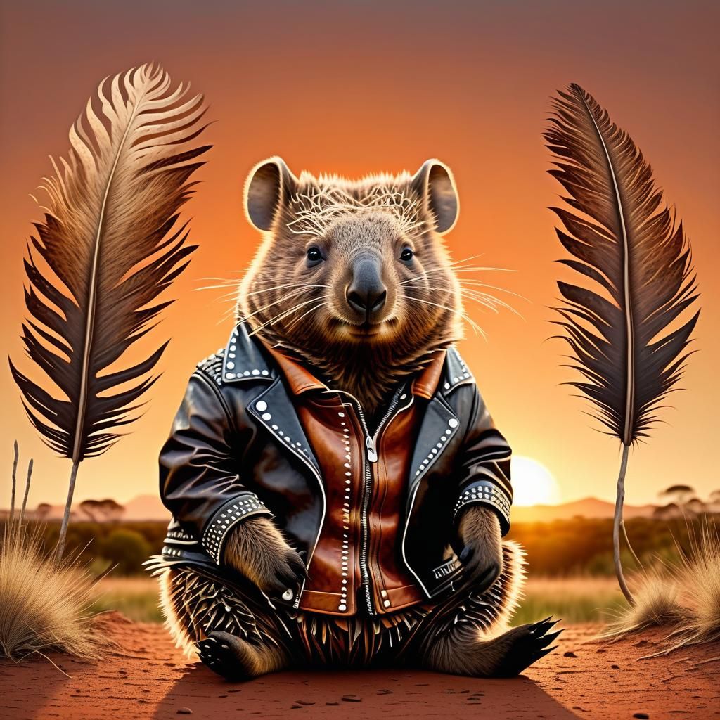 Wombat on Emu in Sunset Savannah: Australian Folk Art