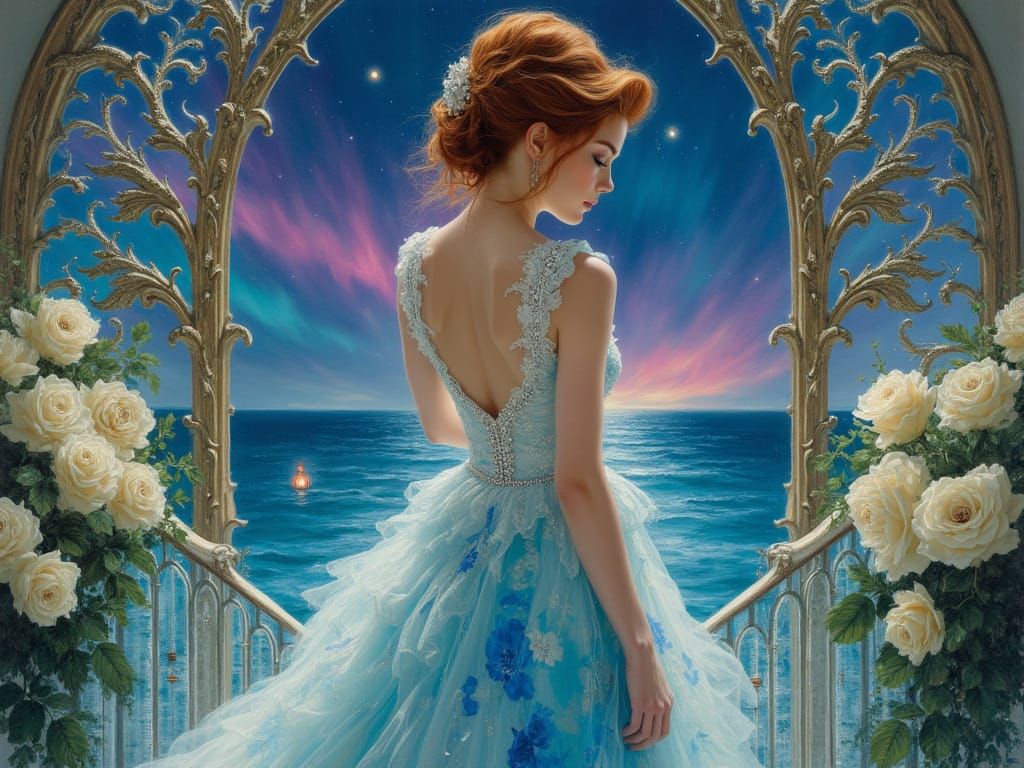 Elegant Woman in Gown on Ornate Staircase Under Northern Lig...