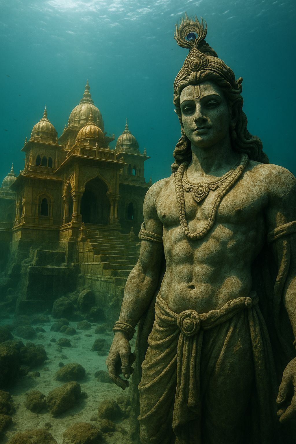 Submerged Golden Palace of Dwarka with Majestic Lord Krishna...