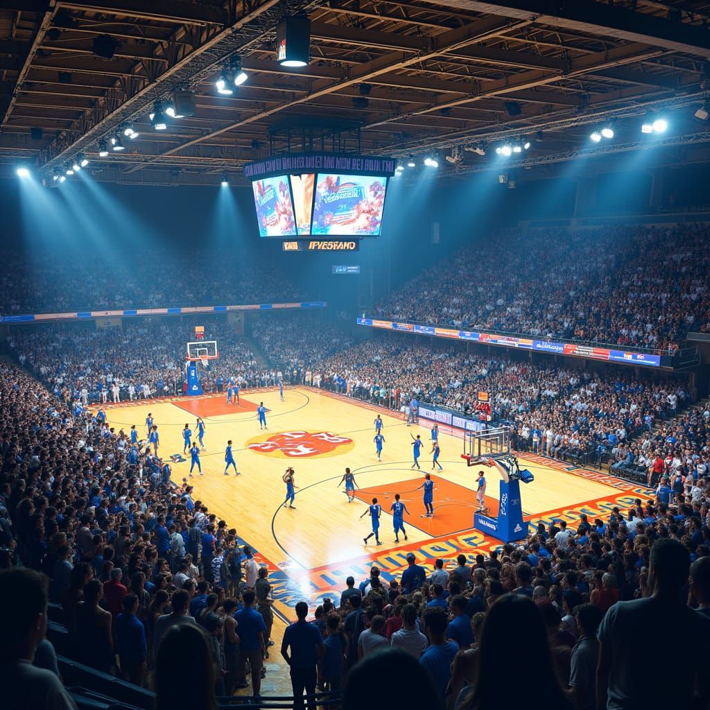 Basketball Arena Overflowing with Fans in Sci-Fi Style
