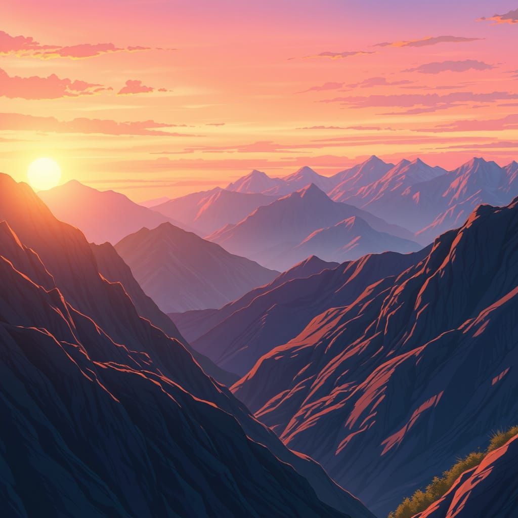 Surreal Anime Scene in Mountain Sunset with Crescent Moon